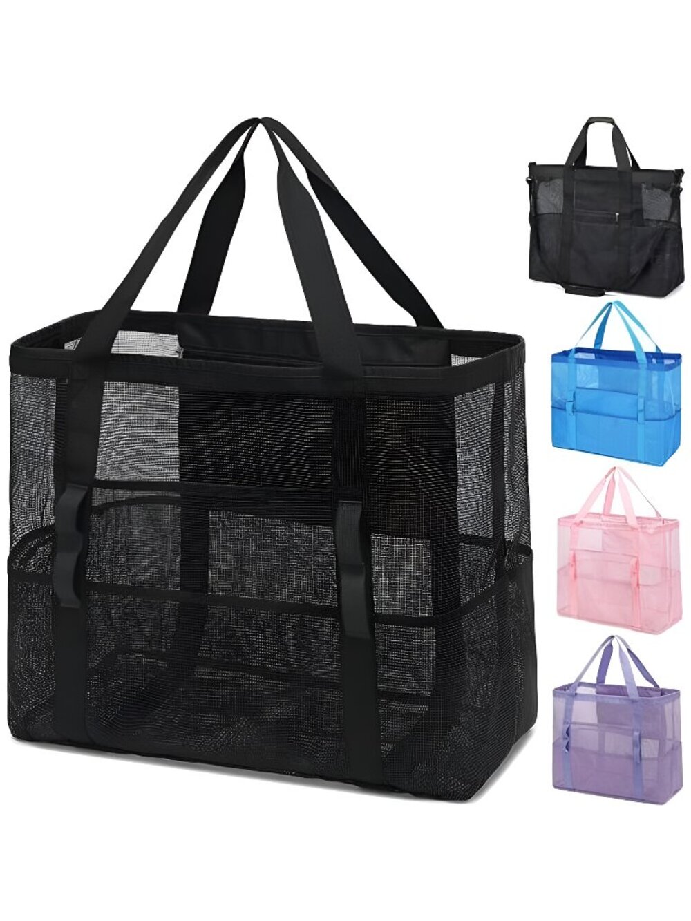 Mesh Beach Bag, Large Beach Tote with Zipper Pocket for Family Pool Bag
